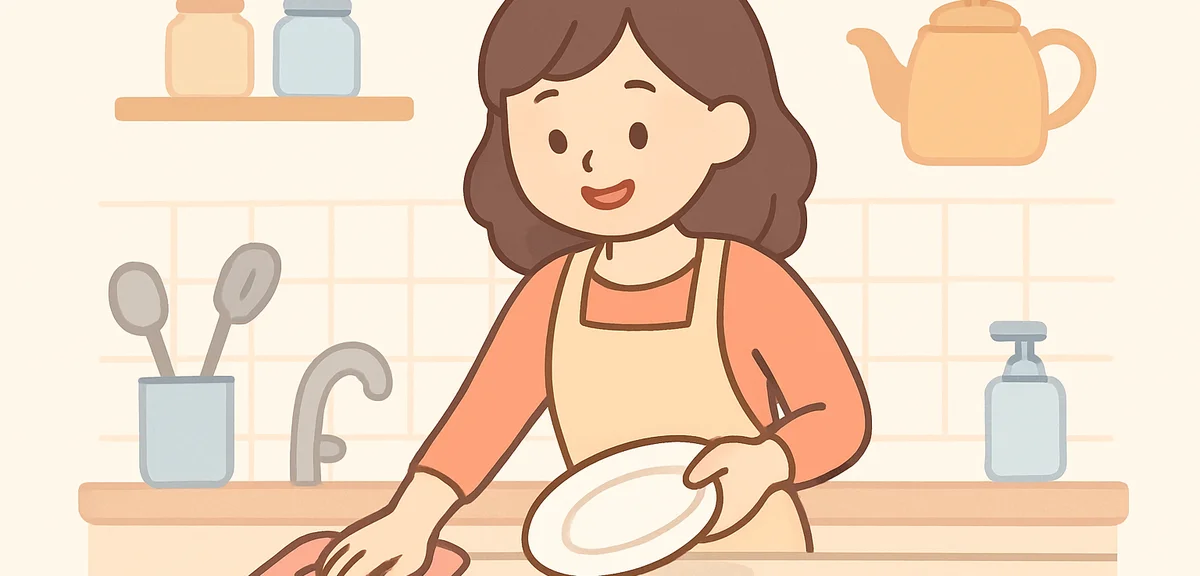 Person organizing kitchen counter with clean surfaces, efficient cleanup scene