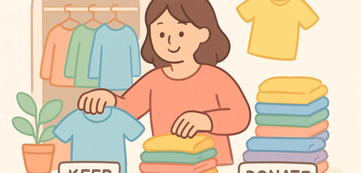 Hands sorting clothes into keep and donate piles, organized closet cleanup
