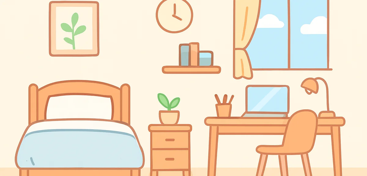 Clean tidy bedroom with made bed and organized desk, peaceful home environment