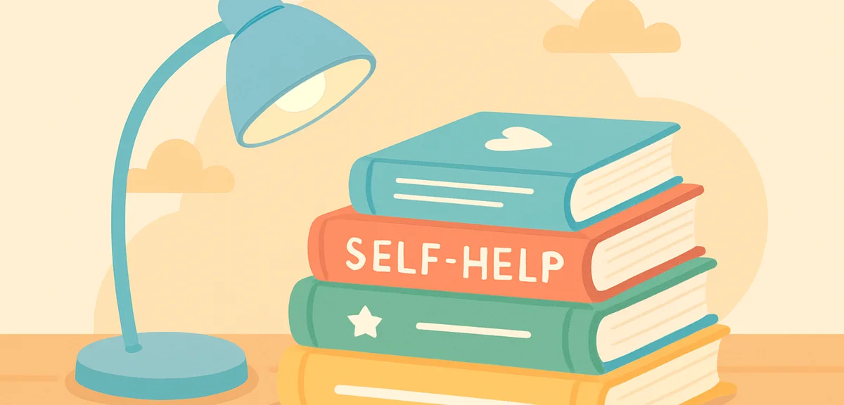 Stack of self-help books on wooden table with reading light, motivational reading scene