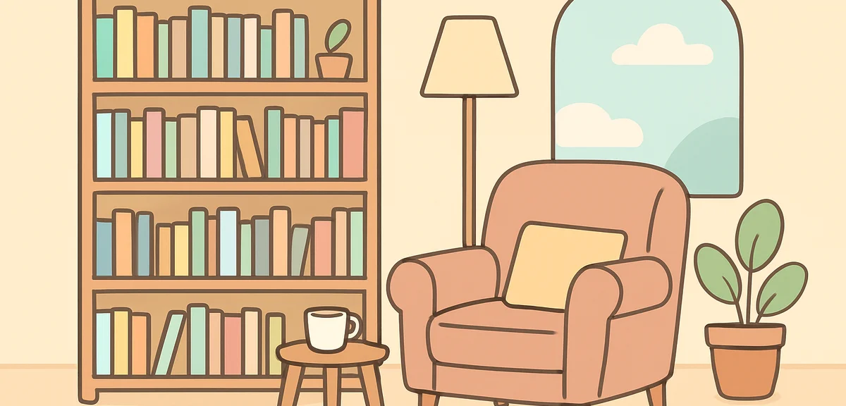 Bookshelf filled with various books and a comfy reading corner, peaceful home library