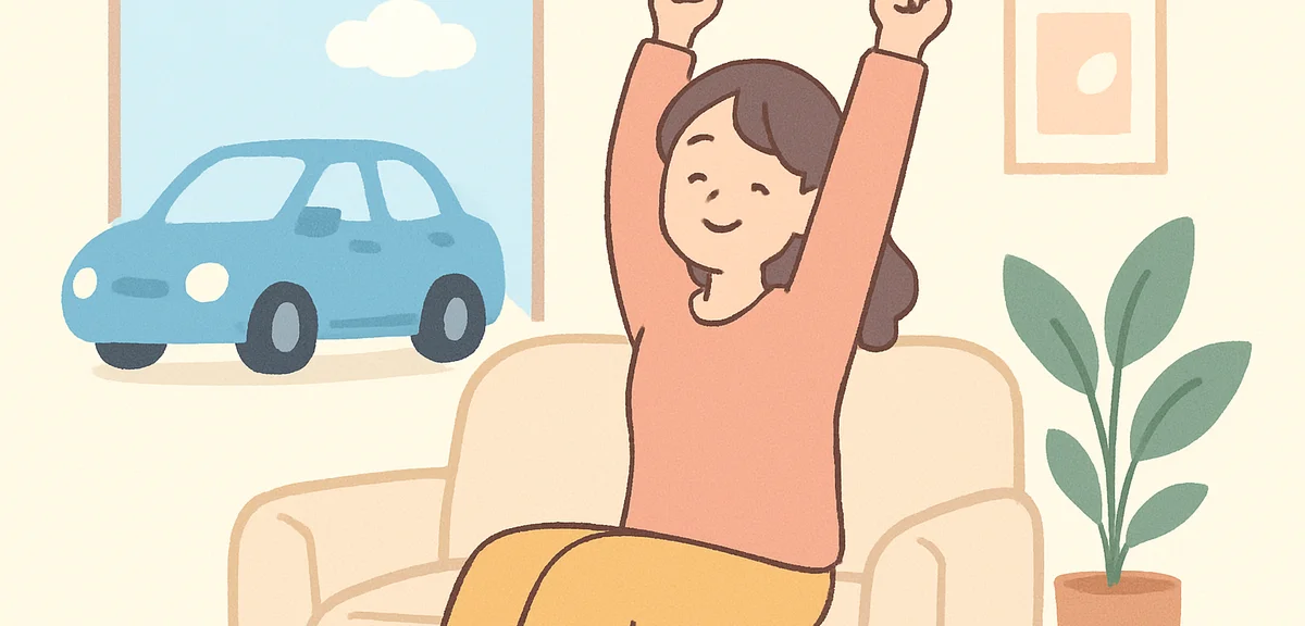 Person stretching after long drive at home, relieving travel fatigue