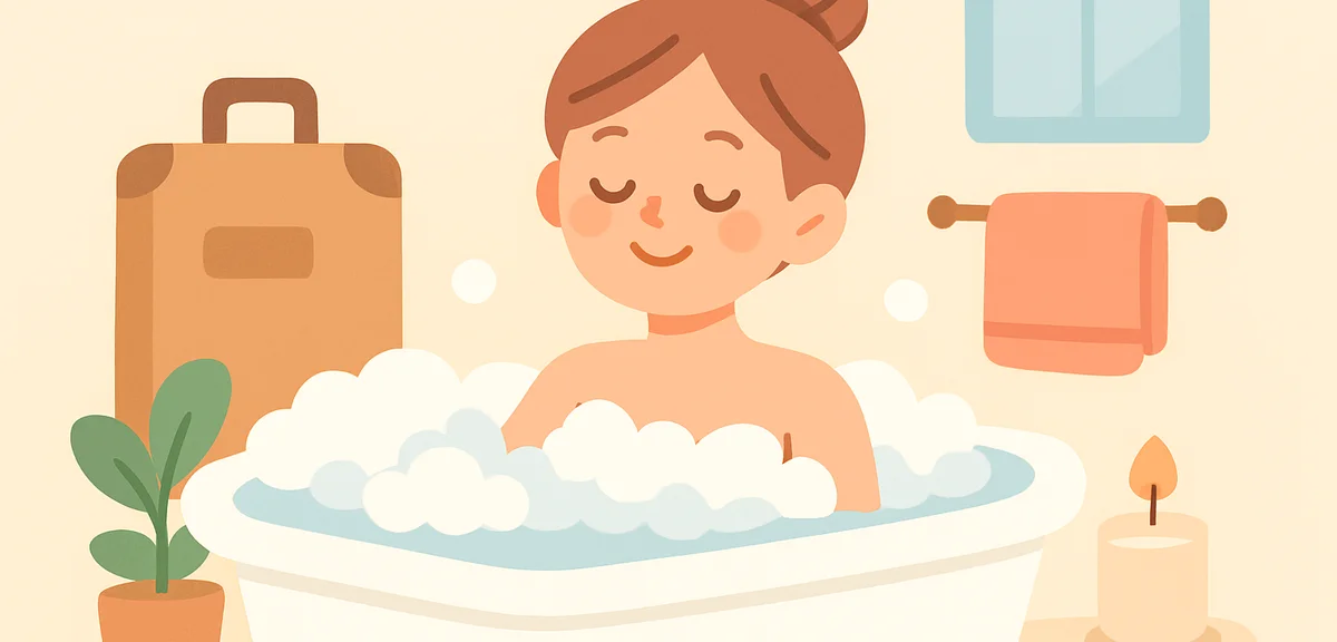 Person taking warm bath for relaxation after travel, recovery scene