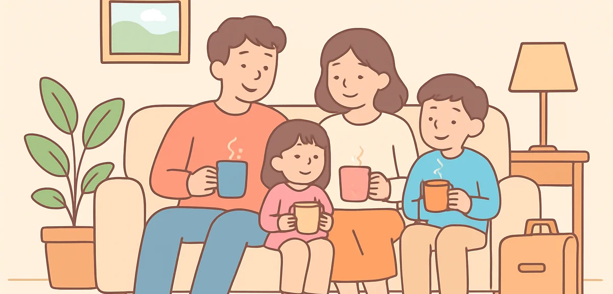 Family resting on sofa together with cups of tea, calm home atmosphere after travel