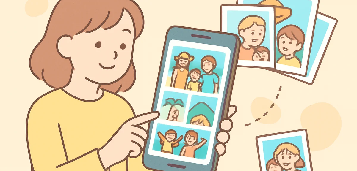 Smartphone displaying photo gallery from family vacation, photo organization moment