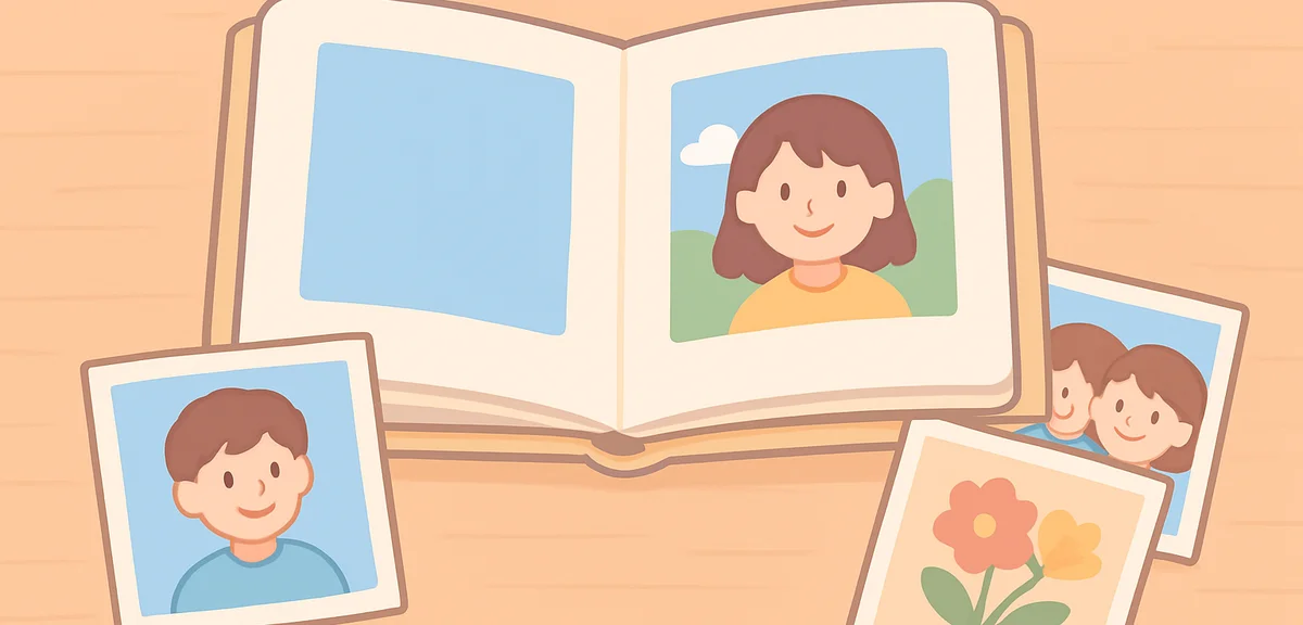 Photo book and printed photos on wooden table, memory keeping concept