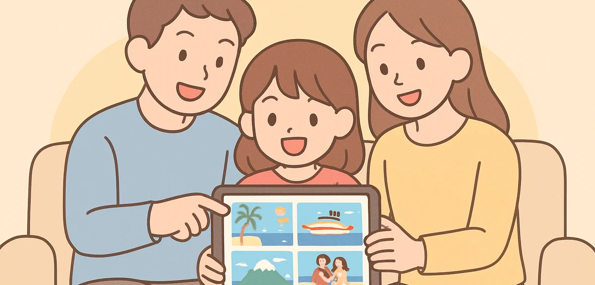 Family viewing vacation photos together on tablet, sharing memories scene