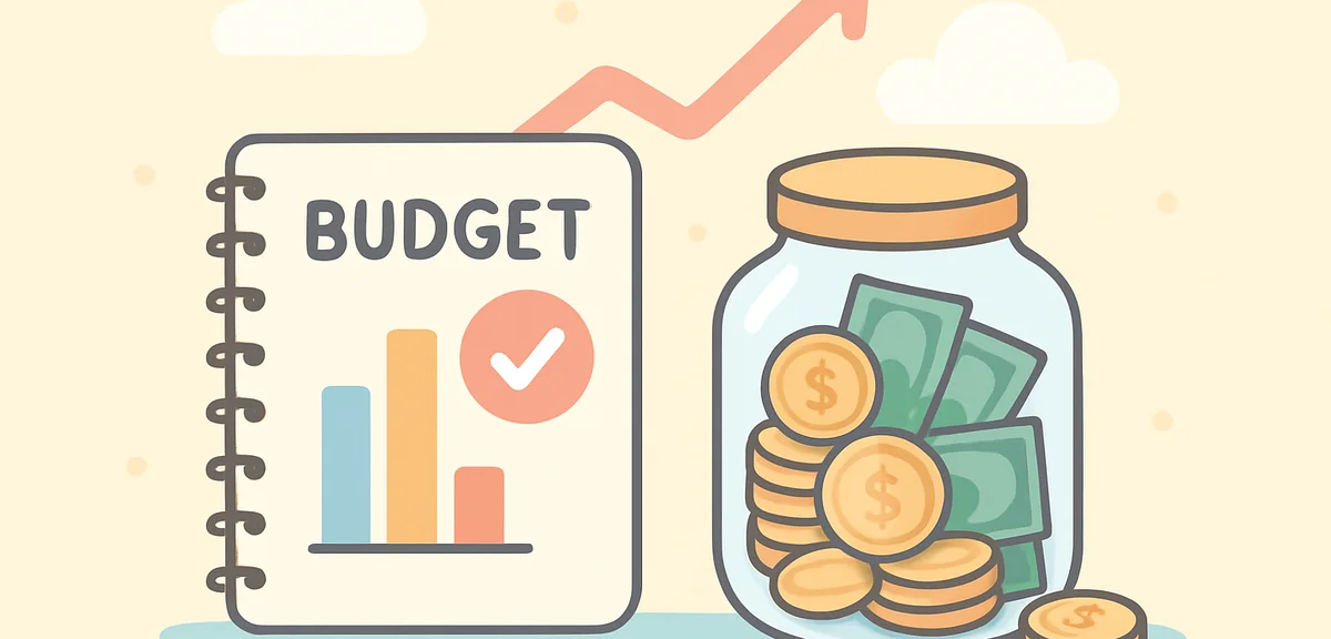 Coins and bills accumulating in jar with budget notebook, savings progress visualization