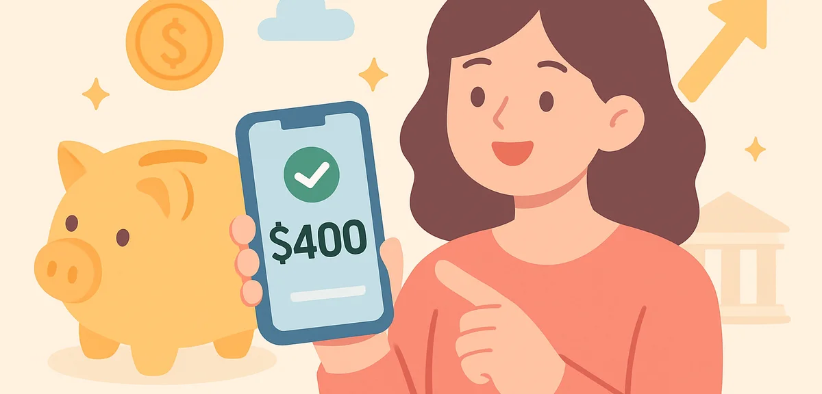 Person checking banking app with positive savings balance, financial planning success