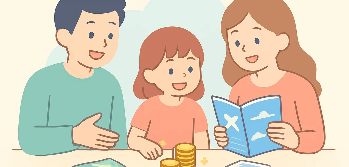 Family discussing travel budget with coins and travel brochures, planning future trip