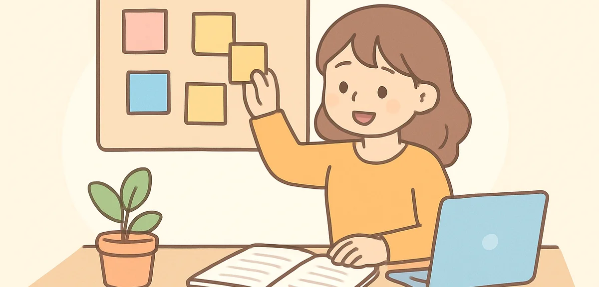Person organizing tasks with sticky notes and notebook, productive work setup