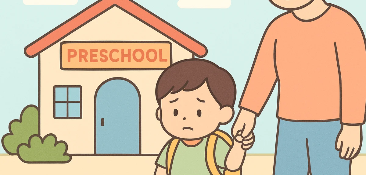 Young child holding parent's hand at preschool entrance with hesitant expression, supportive parenti
