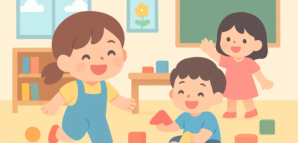 Child smiling and playing happily at preschool with friends, positive school environment