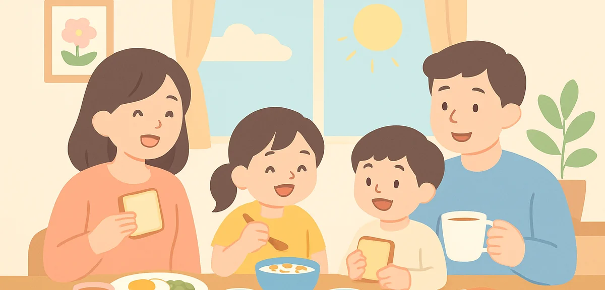Family eating breakfast together in cheerful morning atmosphere, supportive home routine