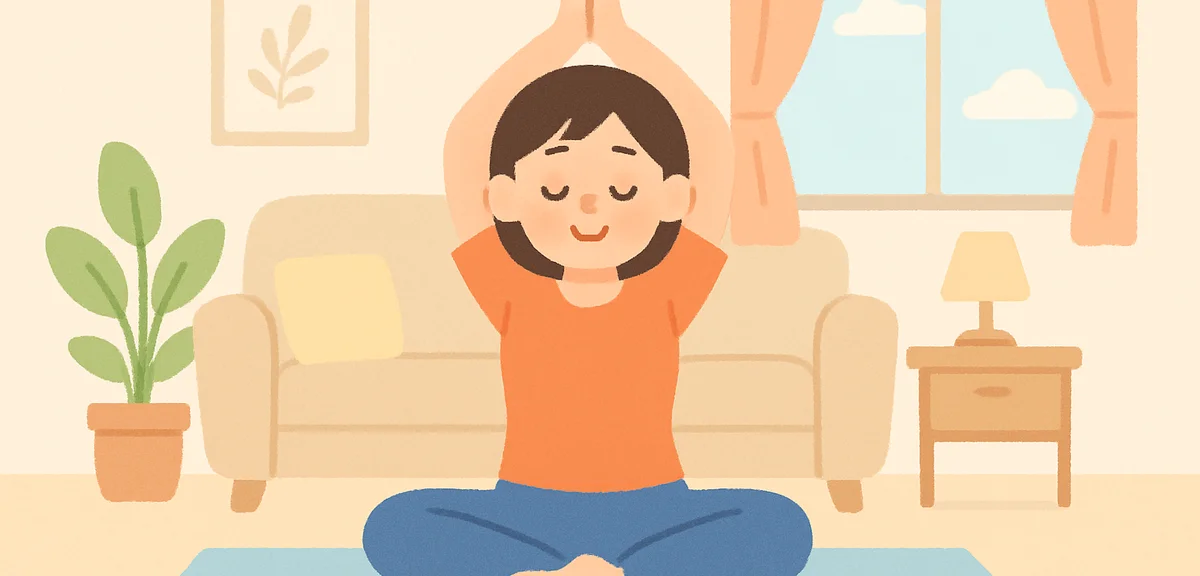 Person doing yoga at home in living room, peaceful exercise environment