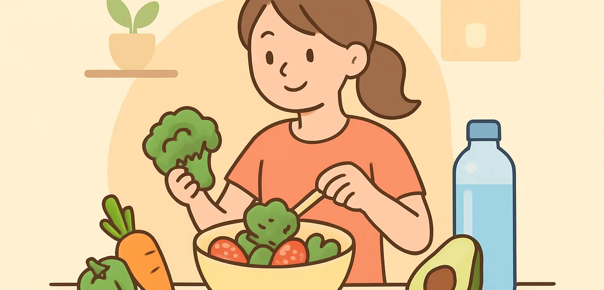 Healthy meal preparation with vegetables and water bottle, post-workout nutrition concept