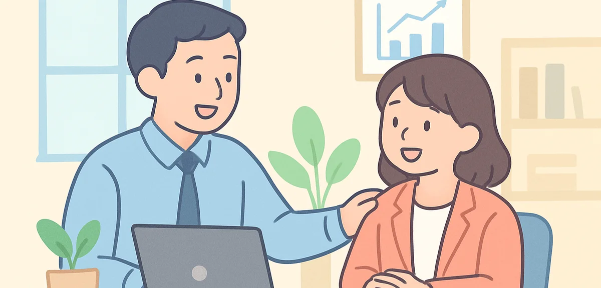 Mentor and new employee having supportive conversation in office, professional guidance scene