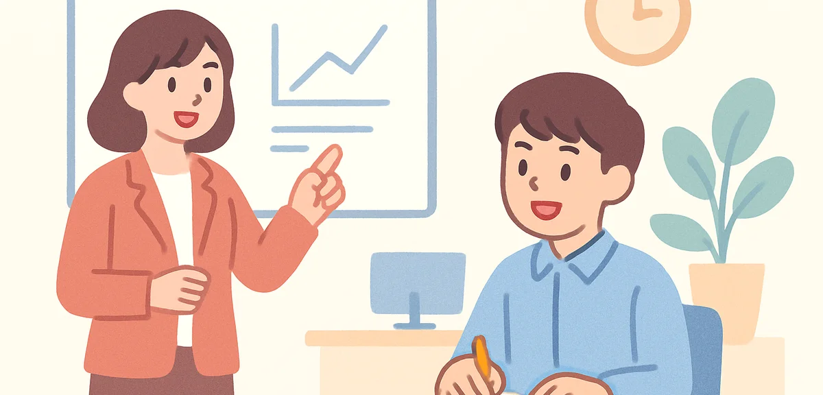 New employee taking notes during training session, learning concept in office environment