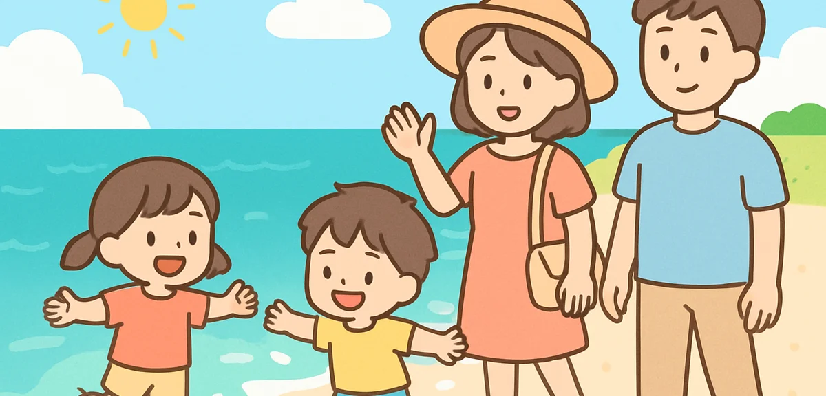 Children playing on Okinawa beach with crystal clear water, family vacation moment