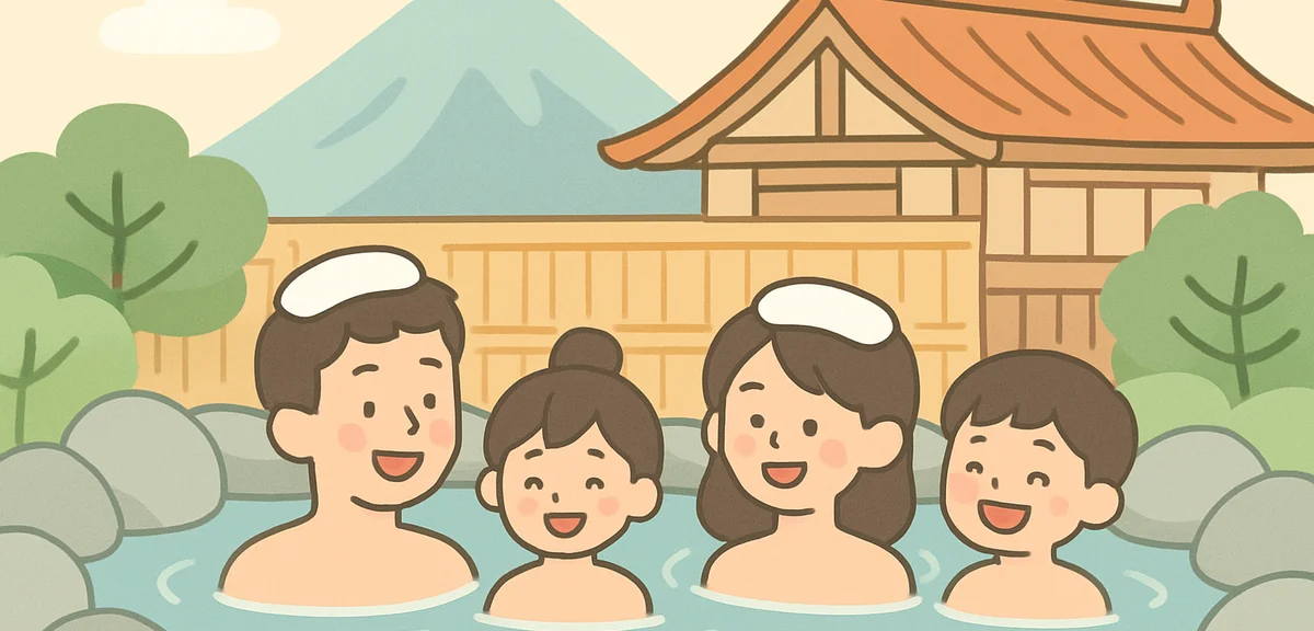 Family enjoying hot spring resort with traditional Japanese atmosphere, relaxing vacation