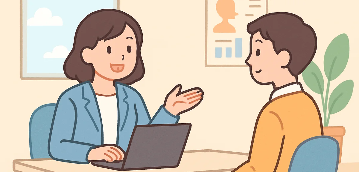 Career consultant meeting with candidate in modern office, professional consultation scene