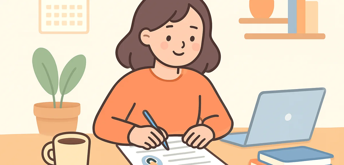 Person preparing resume documents at home desk with coffee, organized workspace
