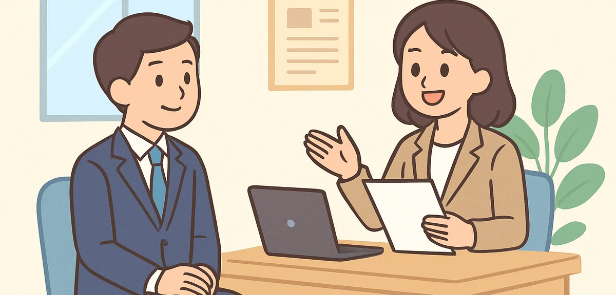 Job interview scene with confident candidate in business suit, professional environment