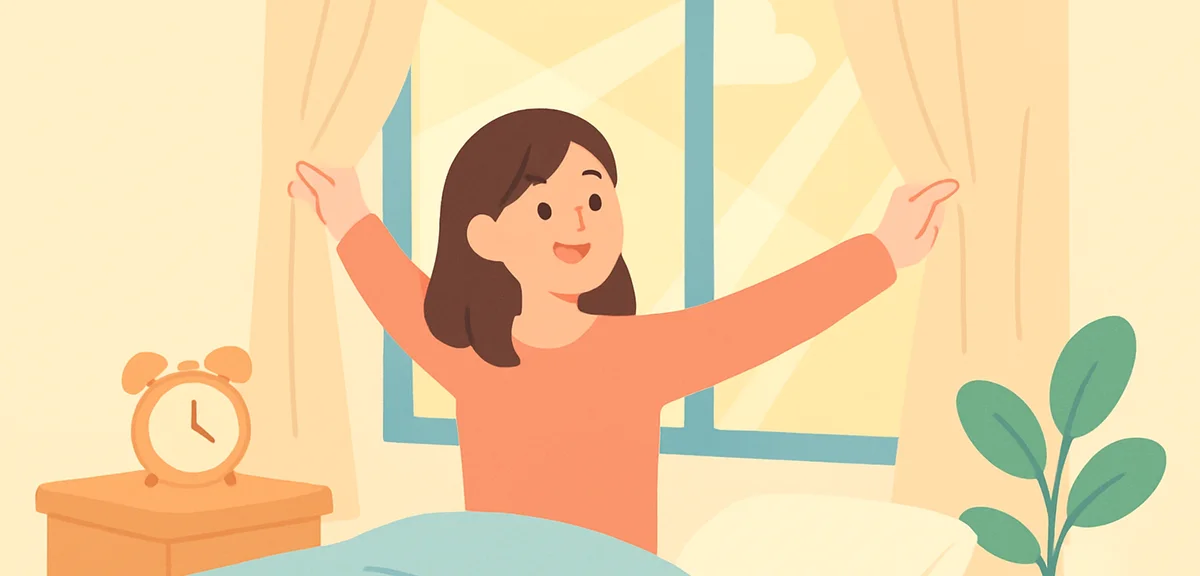 Morning sunlight streaming into bedroom, person opening curtains, refreshing wake-up scene