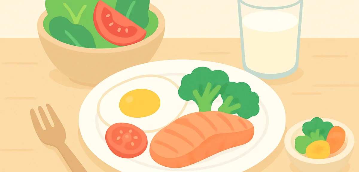 Healthy balanced breakfast on dining table with vegetables and protein, recovery food concept