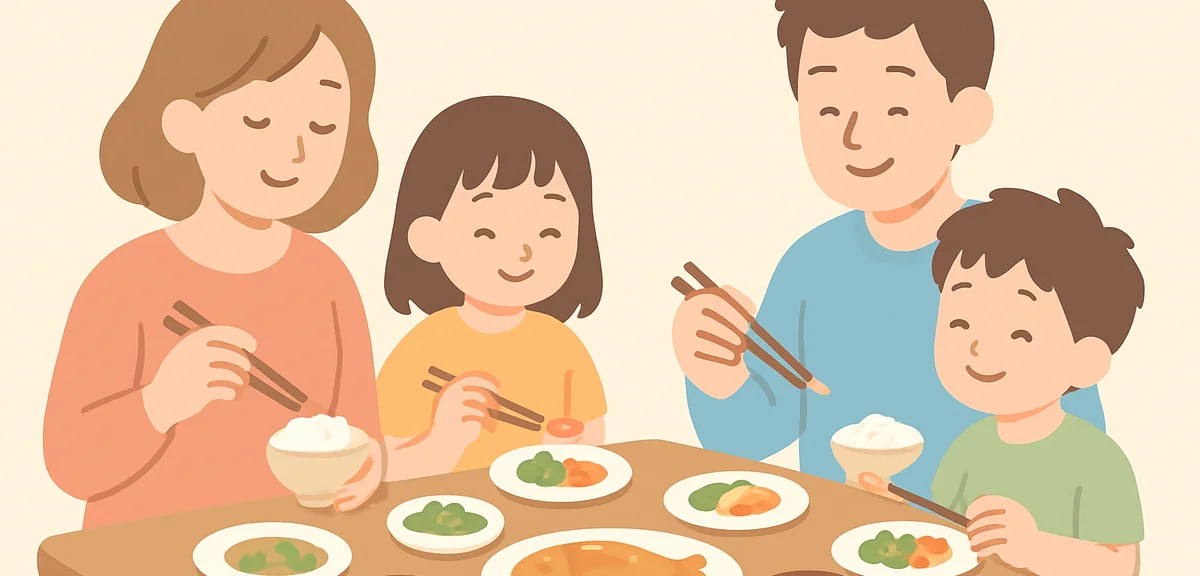 Family enjoying meal without smartphones at table, mindful eating moment