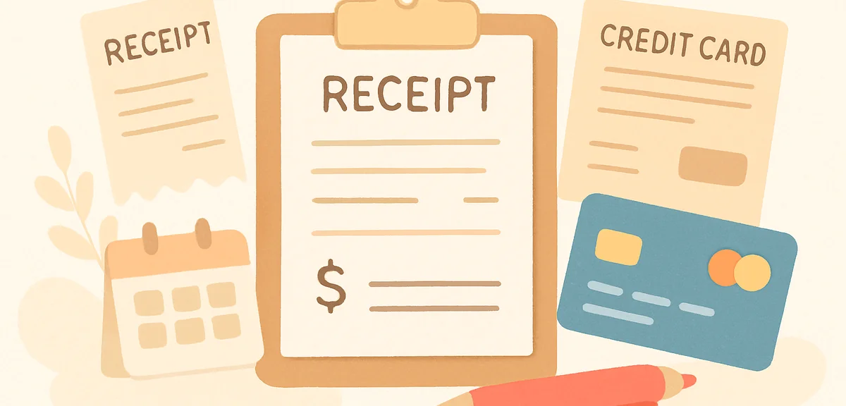 Receipts and credit card statements organized on desk for review, budget tracking concept