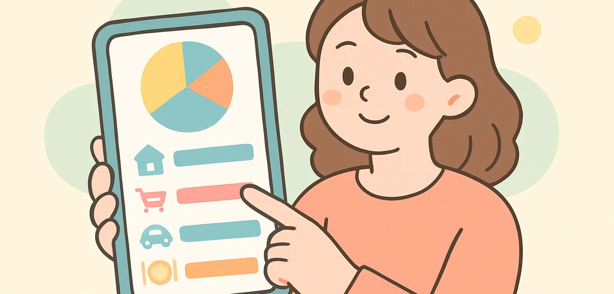 Smartphone showing budgeting app with expense categories, modern financial management