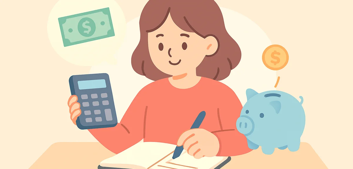 Person calculating savings goals with calculator and notebook, focused planning