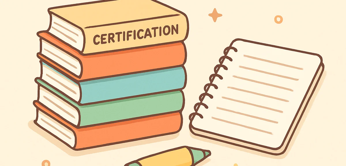 Stack of certification study books with notebook and highlighter, organized study materials
