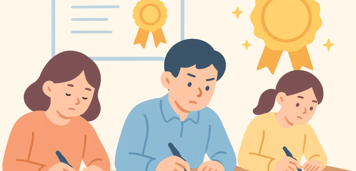 Professional certification exam scene with concentrated test takers, achievement concept