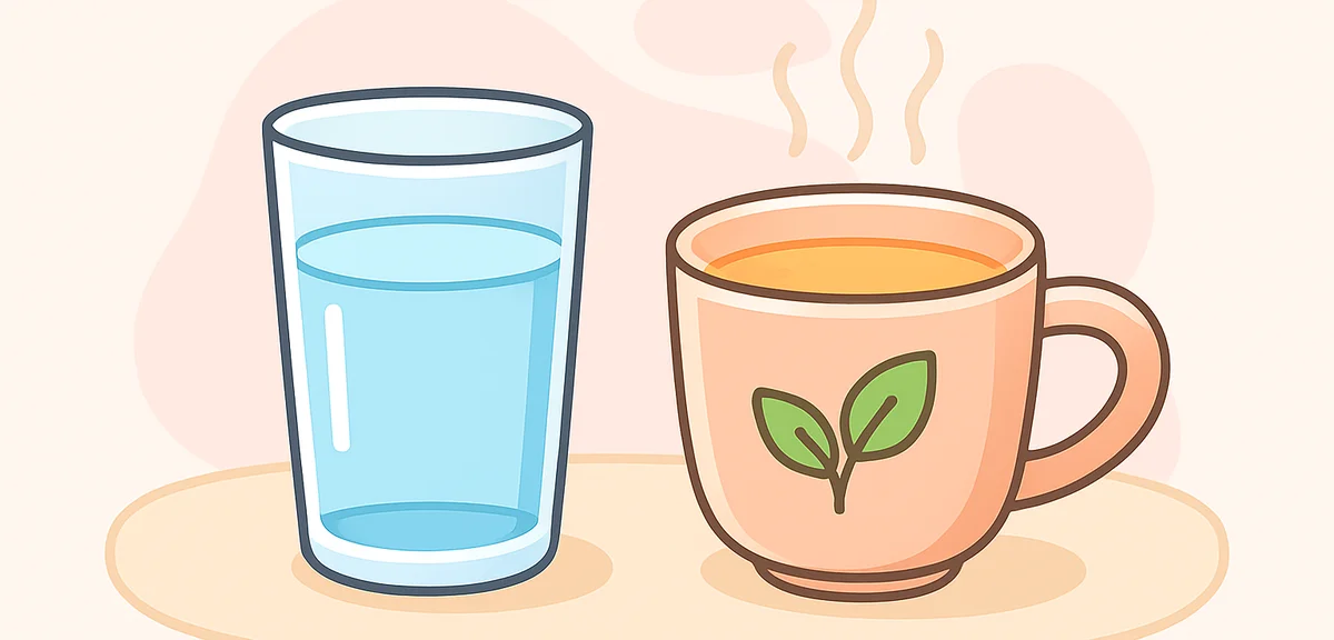 Glass of water and herbal tea on table, hydration concept