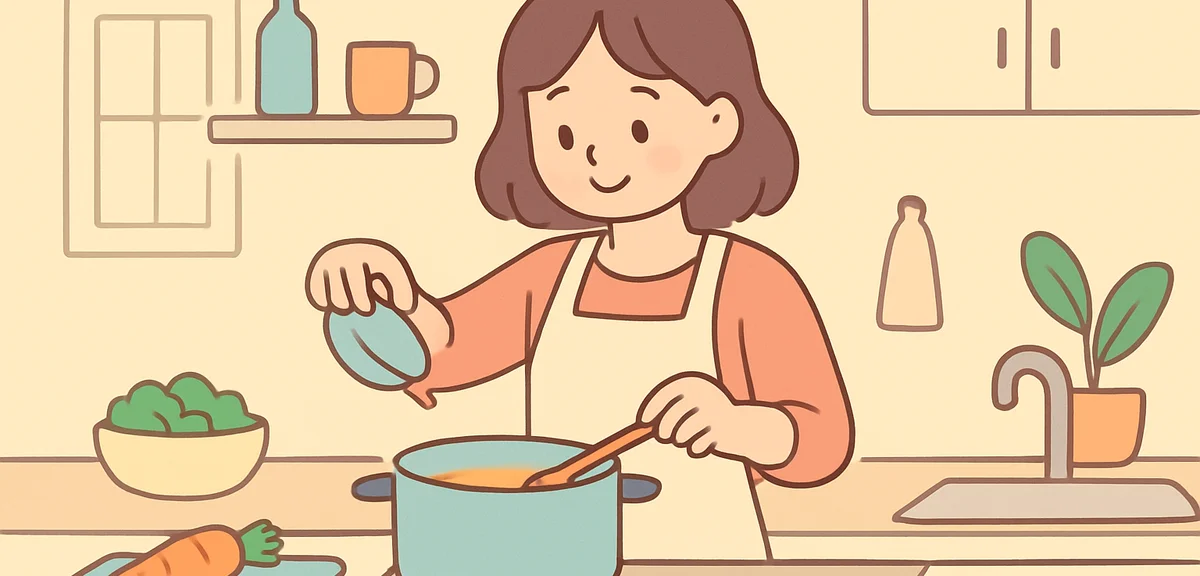 Person preparing simple home-cooked meal in small kitchen, mindful single living