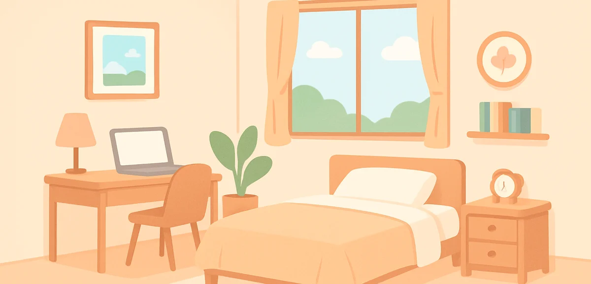 Tidy organized bedroom in single-person apartment, peaceful home environment