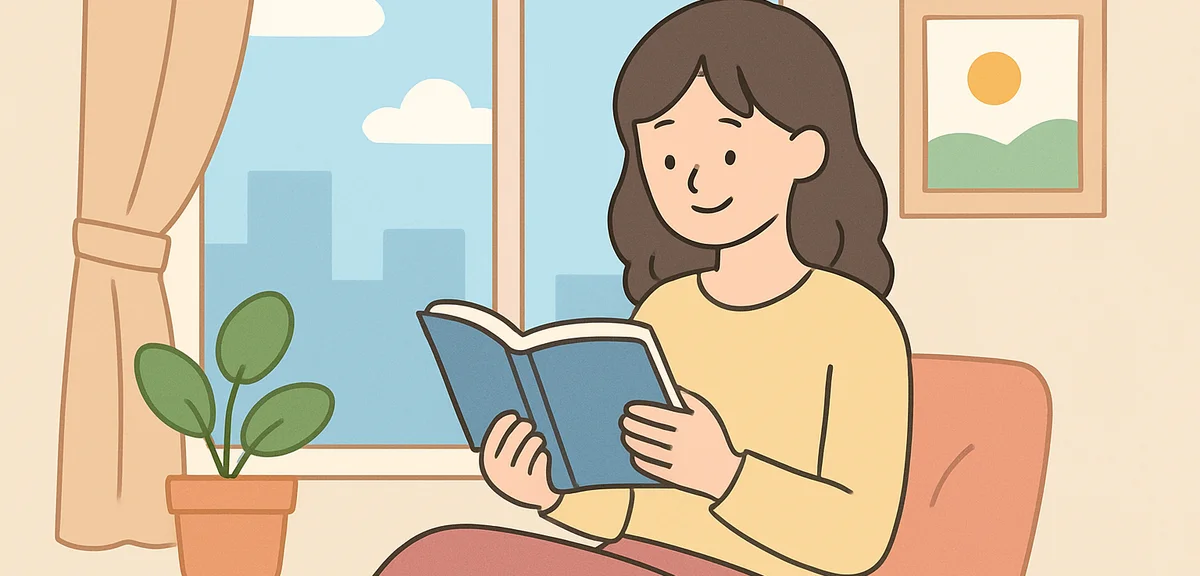 Person reading book by window in apartment, peaceful self-care moment
