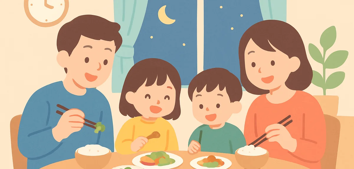 Family eating dinner together at home, busy weekday evening atmosphere