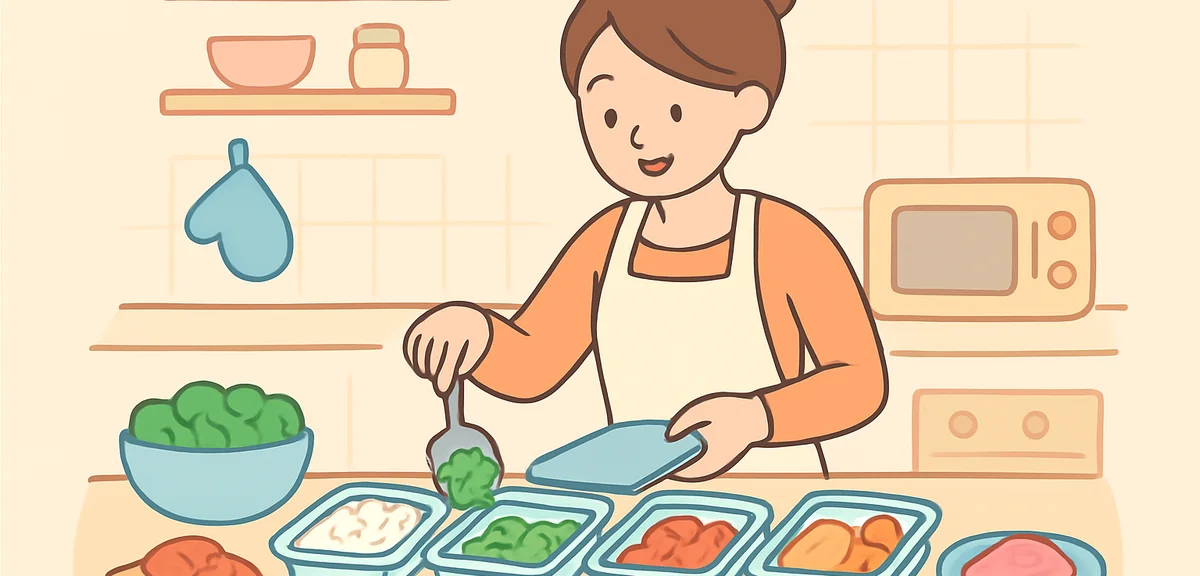Parent preparing meal prep on weekend for busy week ahead, organized cooking scene