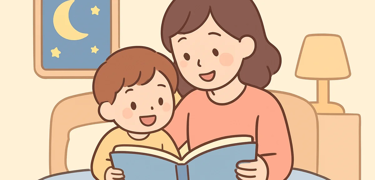 Parent and child reading book together at bedtime, peaceful family moment