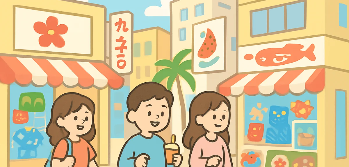 Naha city Kokusai Street with shoppers and souvenir stores, vibrant Okinawa scene