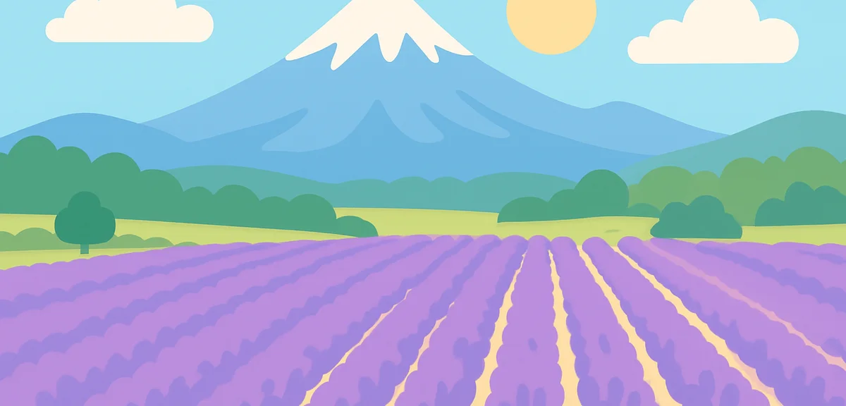 Furano lavender fields with mountain backdrop, scenic Hokkaido landscape