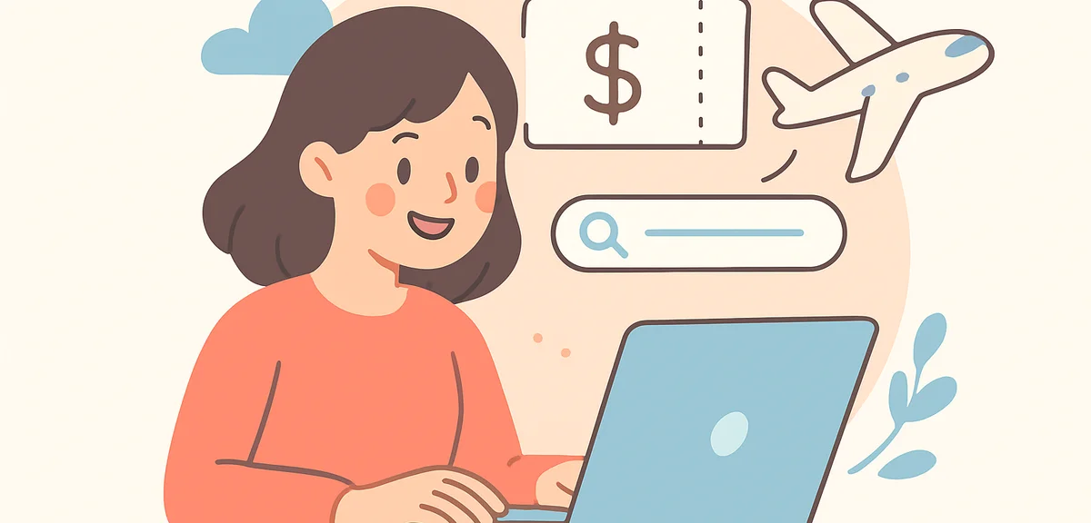 Person searching for cheap flight tickets on laptop, budget travel planning