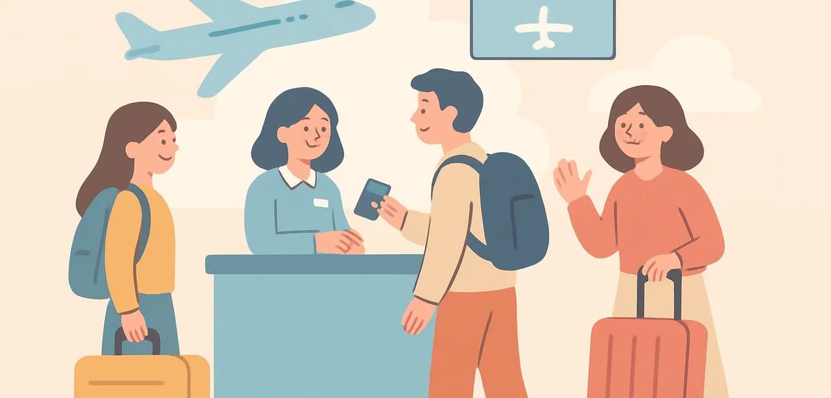 Airport check-in counter with passengers and luggage, travel scene