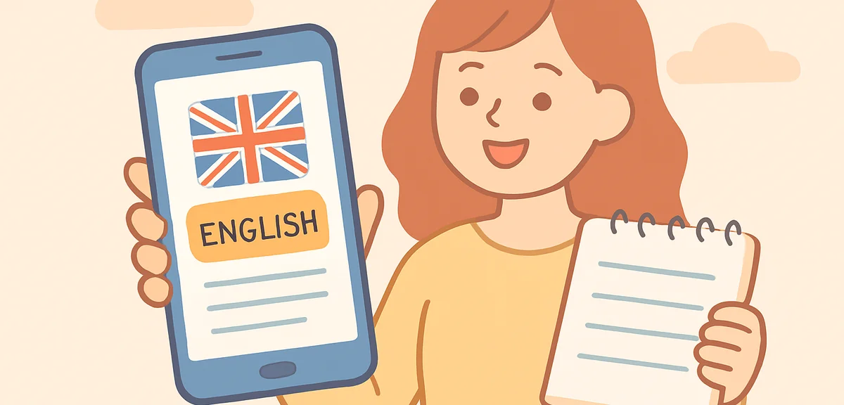 Smartphone with English learning app and notebook, mobile learning scene