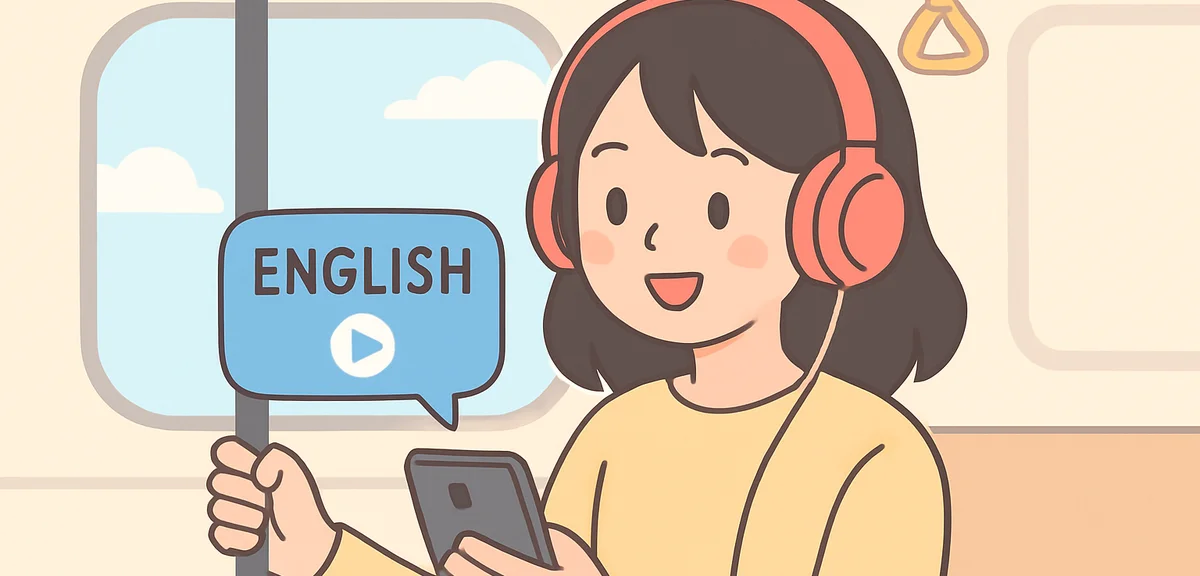 Person listening to English audio with headphones during commute, learning routine