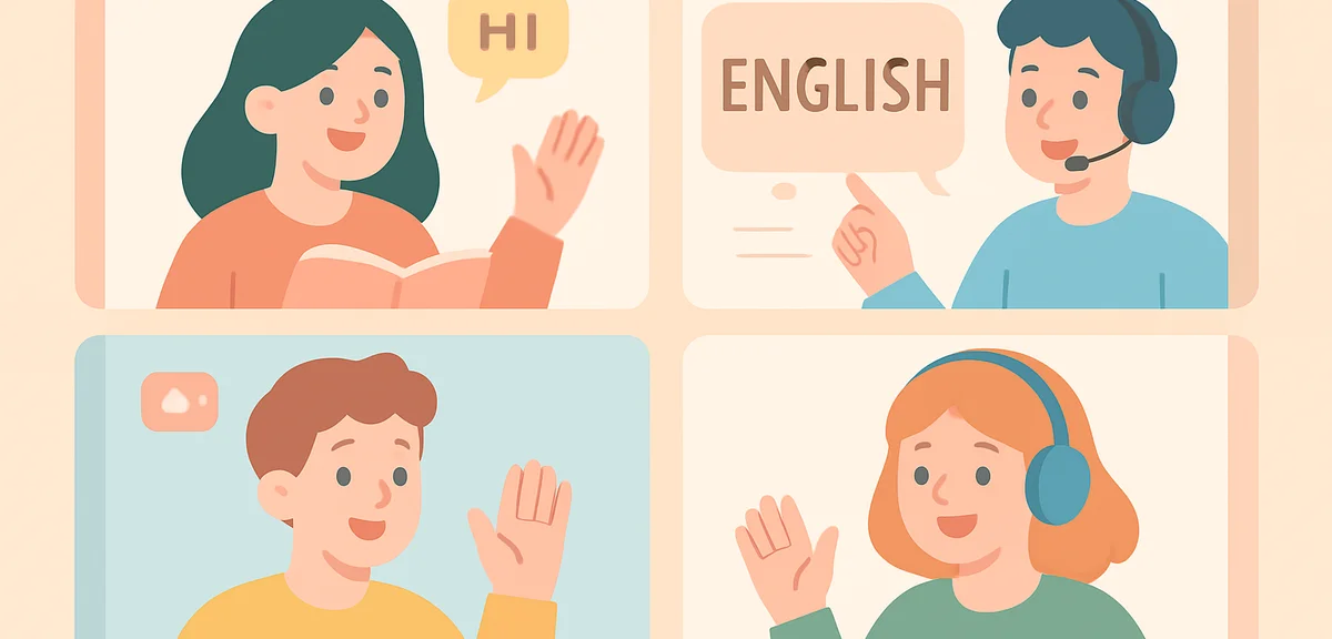 Group of people in online English conversation class, virtual learning environment