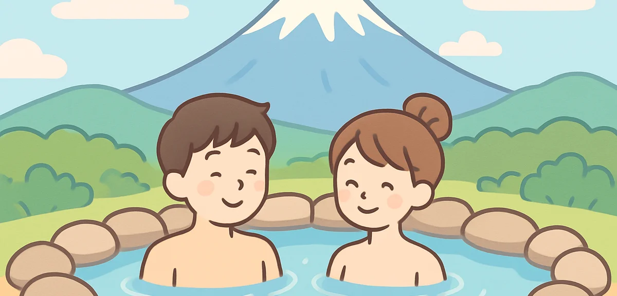 Couple enjoying outdoor onsen with mountain view, romantic summer scene